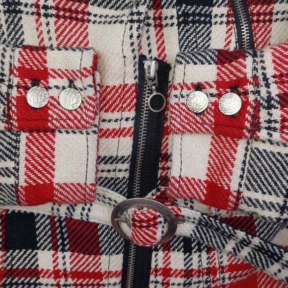 Express Women Plaid Wool Blend Moto Belted Jacket Medium Black Red Preppy Bomber - Picture 8 of 14